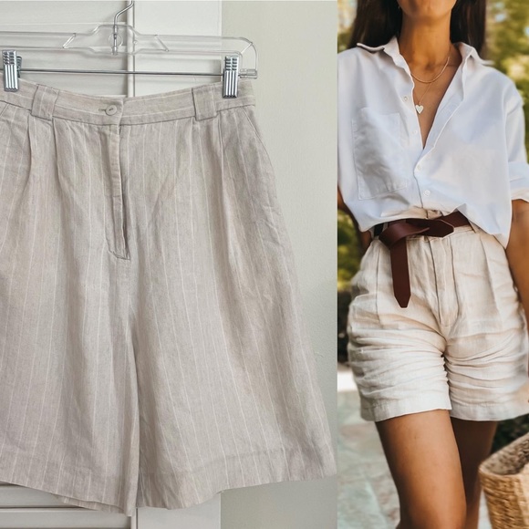 Vintage 90s Cotton-Linen Striped Highwaisted Shorts - Picture 6 of 13